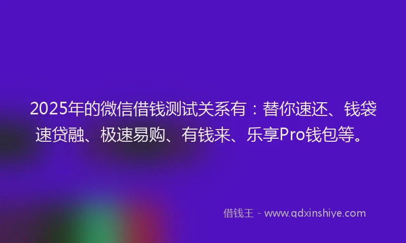 2025年的微信借钱测试关系有：替你速还、钱袋速贷融、极速易购、有钱来、乐享Pro钱包等。