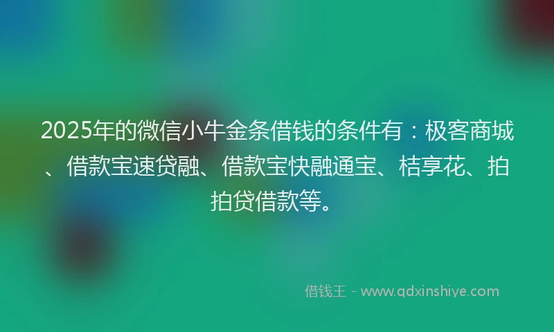 2025年的微信小牛金条借钱的条件有：极客商城、借款宝速贷融、借款宝快融通宝、桔享花、拍拍贷借款等。
