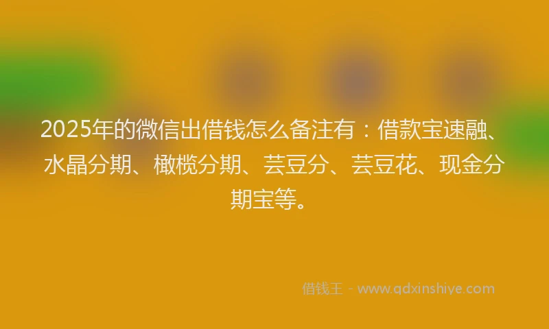 2025年的微信出借钱怎么备注有：借款宝速融、水晶分期、橄榄分期、芸豆分、芸豆花、现金分期宝等。