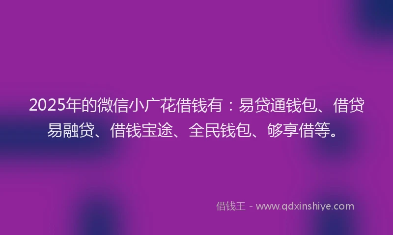 2025年的微信小广花借钱有：易贷通钱包、借贷易融贷、借钱宝途、全民钱包、够享借等。