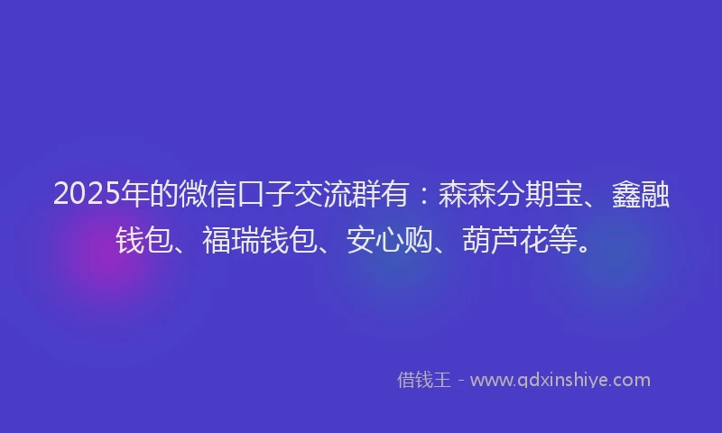 2025年的微信口子交流群有：森森分期宝、鑫融钱包、福瑞钱包、安心购、葫芦花等。