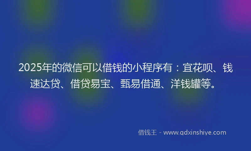 2025年的微信可以借钱的小程序有：宜花呗、钱速达贷、借贷易宝、甄易借通、洋钱罐等。