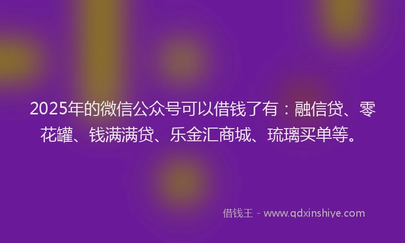 2025年的微信公众号可以借钱了有：融信贷、零花罐、钱满满贷、乐金汇商城、琉璃买单等。