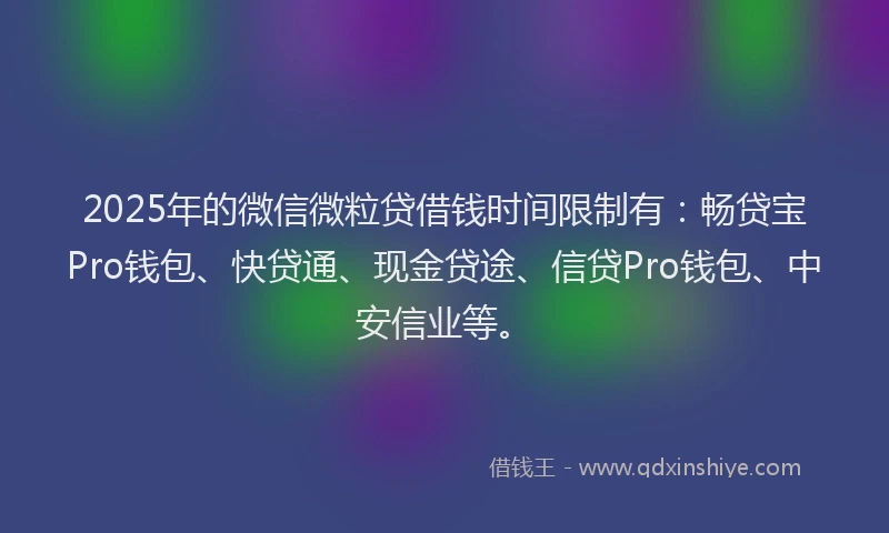 2025年的微信微粒贷借钱时间限制有：畅贷宝Pro钱包、快贷通、现金贷途、信贷Pro钱包、中安信业等。