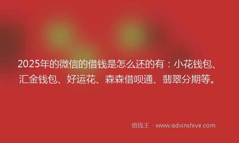 2025年的微信的借钱是怎么还的有：小花钱包、汇金钱包、好运花、森森借呗通、翡翠分期等。