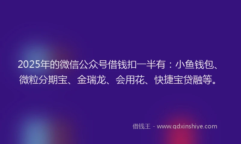 2025年的微信公众号借钱扣一半有：小鱼钱包、微粒分期宝、金瑞龙、会用花、快捷宝贷融等。