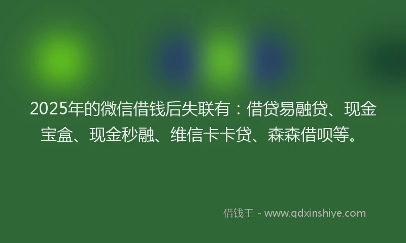 2025年的微信借钱后失联有：借贷易融贷、现金宝盒、现金秒融、维信卡卡贷、森森借呗等。
