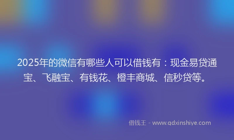 2025年的微信有哪些人可以借钱有：现金易贷通宝、飞融宝、有钱花、橙丰商城、信秒贷等。