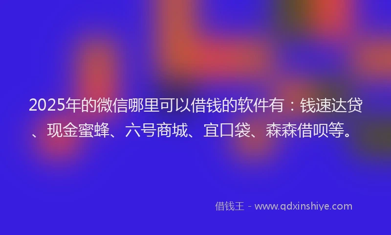 2025年的微信哪里可以借钱的软件有：钱速达贷、现金蜜蜂、六号商城、宜口袋、森森借呗等。