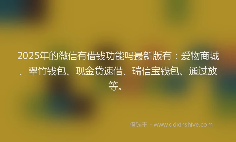 2025年的微信有借钱功能吗最新版有：爱物商城、翠竹钱包、现金贷速借、瑞信宝钱包、通过放等。