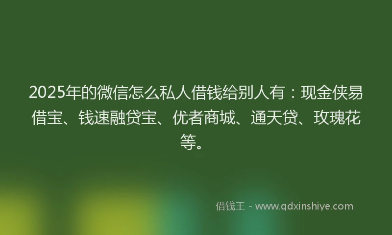 2025年的微信怎么私人借钱给别人有：现金侠易借宝、钱速融贷宝、优者商城、通天贷、玫瑰花等。