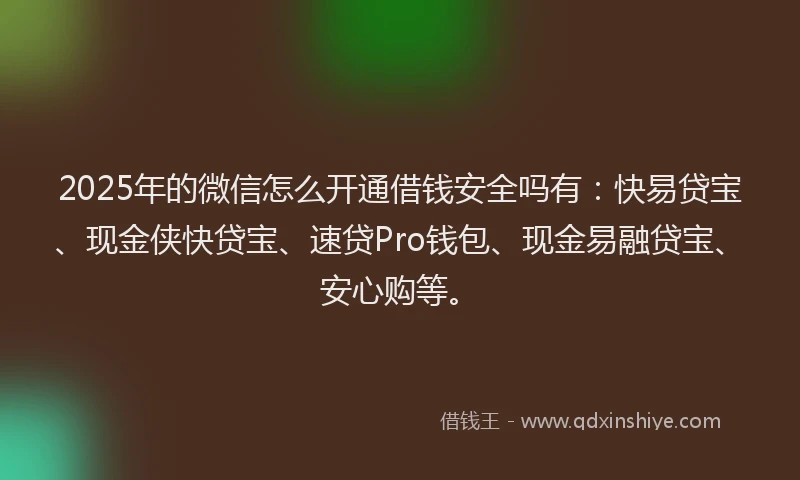 2025年的微信怎么开通借钱安全吗有：快易贷宝、现金侠快贷宝、速贷Pro钱包、现金易融贷宝、安心购等。