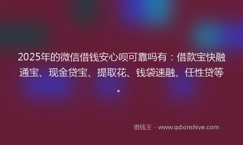 2025年的微信借钱安心呗可靠吗有：借款宝快融通宝、现金贷宝、提取花、钱袋速融、任性贷等。