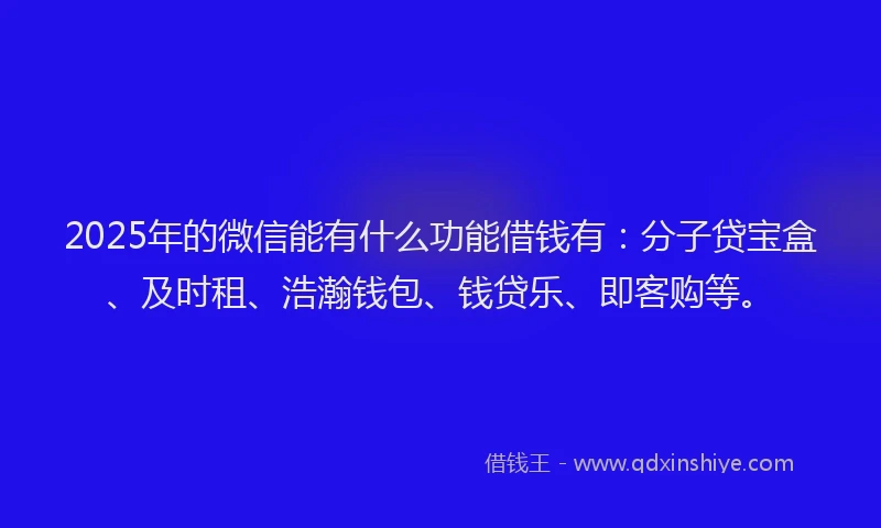 2025年的微信能有什么功能借钱有：分子贷宝盒、及时租、浩瀚钱包、钱贷乐、即客购等。