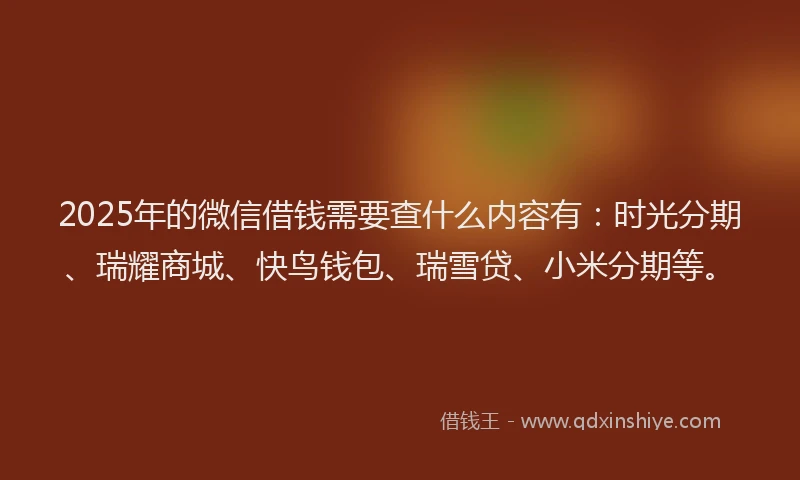 2025年的微信借钱需要查什么内容有：时光分期、瑞耀商城、快鸟钱包、瑞雪贷、小米分期等。