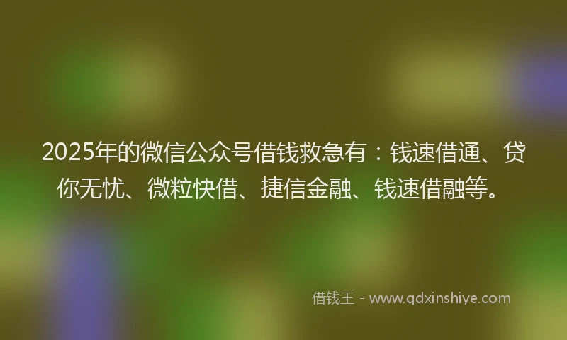 2025年的微信公众号借钱救急有：钱速借通、贷你无忧、微粒快借、捷信金融、钱速借融等。