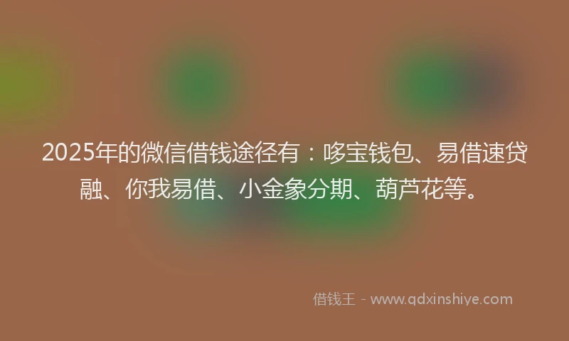 2025年的微信借钱途径有：哆宝钱包、易借速贷融、你我易借、小金象分期、葫芦花等。