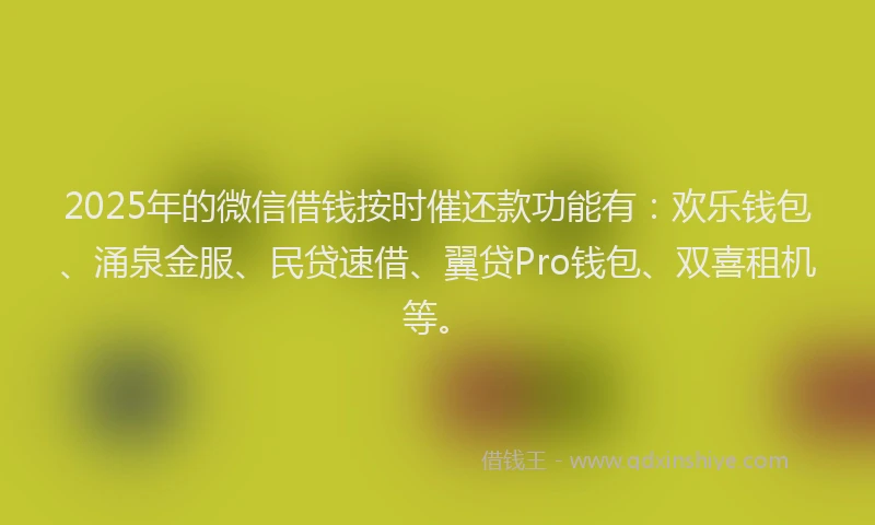 2025年的微信借钱按时催还款功能有：欢乐钱包、涌泉金服、民贷速借、翼贷Pro钱包、双喜租机等。