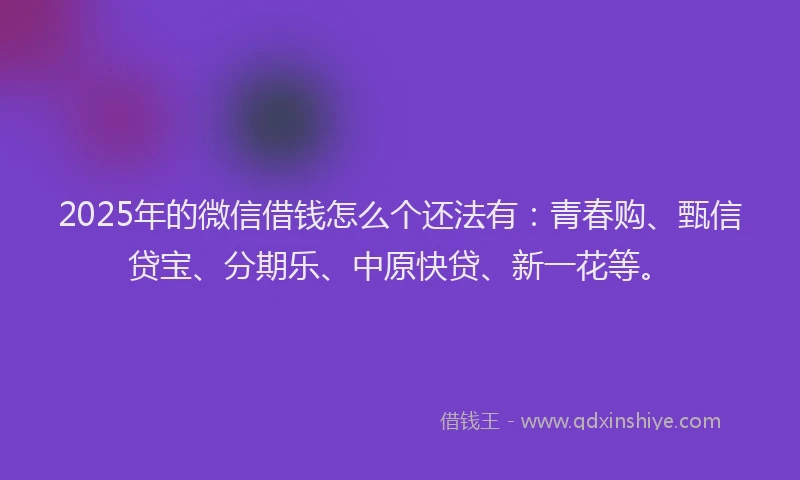 2025年的微信借钱怎么个还法有：青春购、甄信贷宝、分期乐、中原快贷、新一花等。