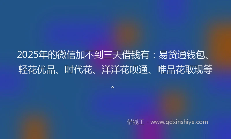 2025年的微信加不到三天借钱有：易贷通钱包、轻花优品、时代花、洋洋花呗通、唯品花取现等。
