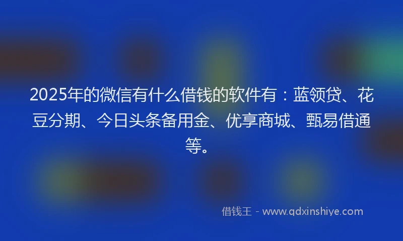 2025年的微信有什么借钱的软件有：蓝领贷、花豆分期、今日头条备用金、优享商城、甄易借通等。