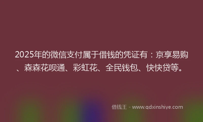 2025年的微信支付属于借钱的凭证有：京享易购、森森花呗通、彩虹花、全民钱包、快快贷等。