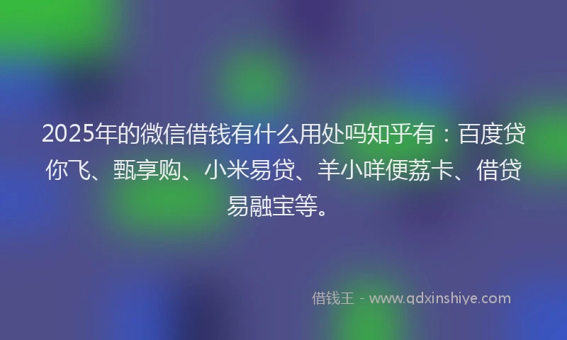 2025年的微信借钱有什么用处吗知乎有：百度贷你飞、甄享购、小米易贷、羊小咩便荔卡、借贷易融宝等。