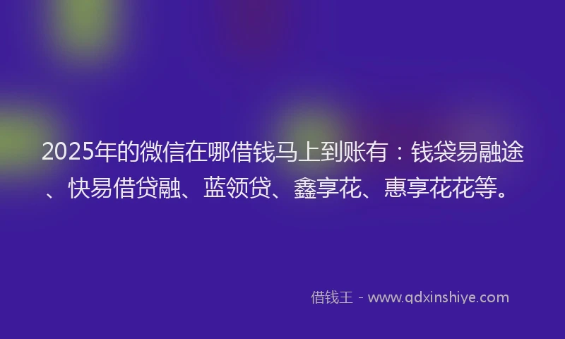 2025年的微信在哪借钱马上到账有：钱袋易融途、快易借贷融、蓝领贷、鑫享花、惠享花花等。