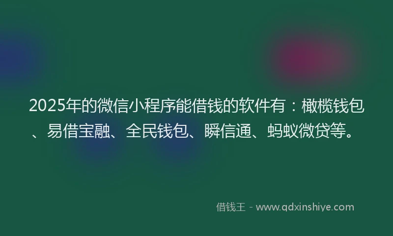 2025年的微信小程序能借钱的软件有：橄榄钱包、易借宝融、全民钱包、瞬信通、蚂蚁微贷等。