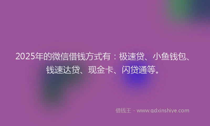 2025年的微信借钱方式有：极速贷、小鱼钱包、钱速达贷、现金卡、闪贷通等。