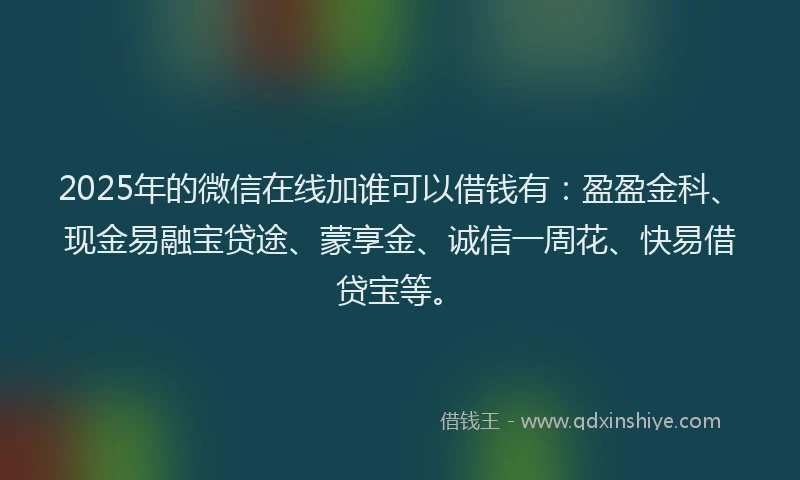 2025年的微信在线加谁可以借钱有：盈盈金科、现金易融宝贷途、蒙享金、诚信一周花、快易借贷宝等。