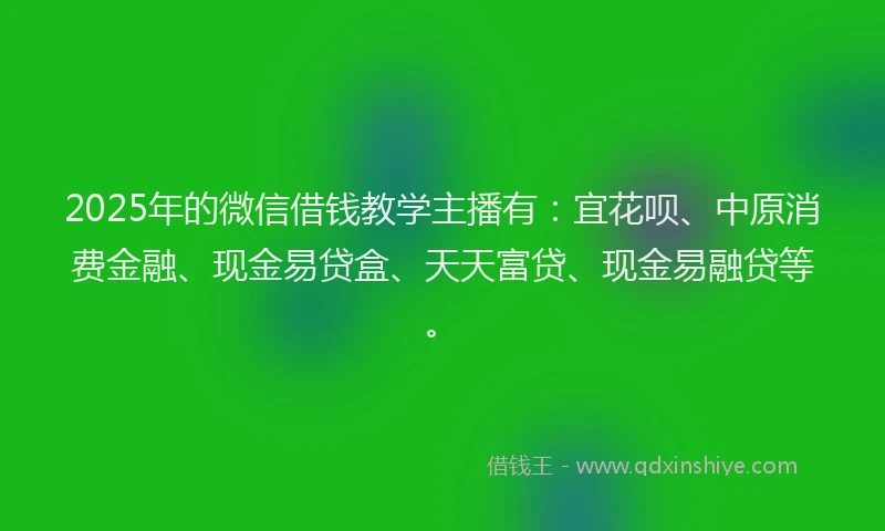 2025年的微信借钱教学主播有：宜花呗、中原消费金融、现金易贷盒、天天富贷、现金易融贷等。