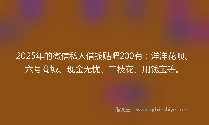 2025年的微信私人借钱贴吧200有：洋洋花呗、六号商城、现金无忧、三枝花、用钱宝等。