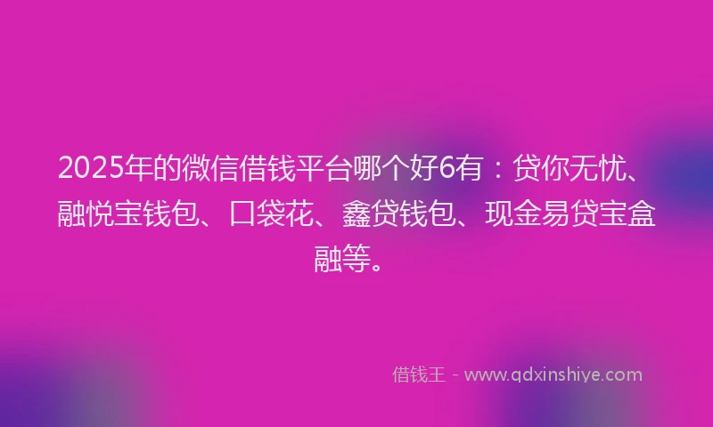 2025年的微信借钱平台哪个好6有：贷你无忧、融悦宝钱包、口袋花、鑫贷钱包、现金易贷宝盒融等。