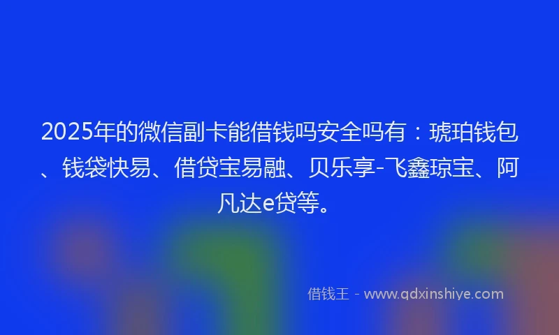 2025年的微信副卡能借钱吗安全吗有：琥珀钱包、钱袋快易、借贷宝易融、贝乐享-飞鑫琼宝、阿凡达e贷等。