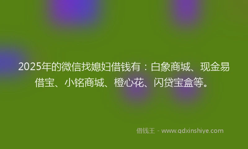 2025年的微信找媳妇借钱有：白象商城、现金易借宝、小铭商城、橙心花、闪贷宝盒等。