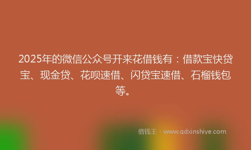 2025年的微信公众号开来花借钱有：借款宝快贷宝、现金贷、花呗速借、闪贷宝速借、石榴钱包等。