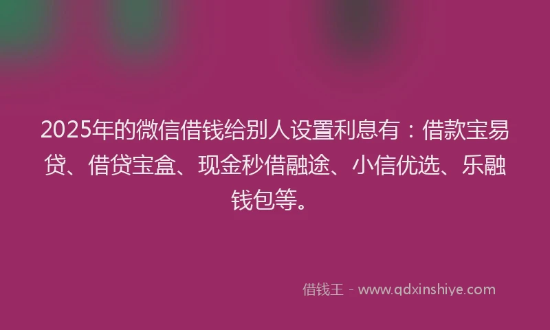 2025年的微信借钱给别人设置利息有：借款宝易贷、借贷宝盒、现金秒借融途、小信优选、乐融钱包等。
