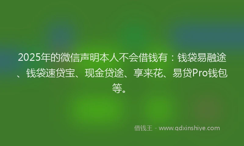 2025年的微信声明本人不会借钱有：钱袋易融途、钱袋速贷宝、现金贷途、享来花、易贷Pro钱包等。