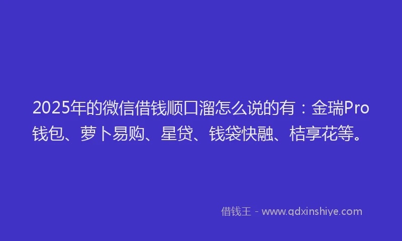 2025年的微信借钱顺口溜怎么说的有：金瑞Pro钱包、萝卜易购、星贷、钱袋快融、桔享花等。
