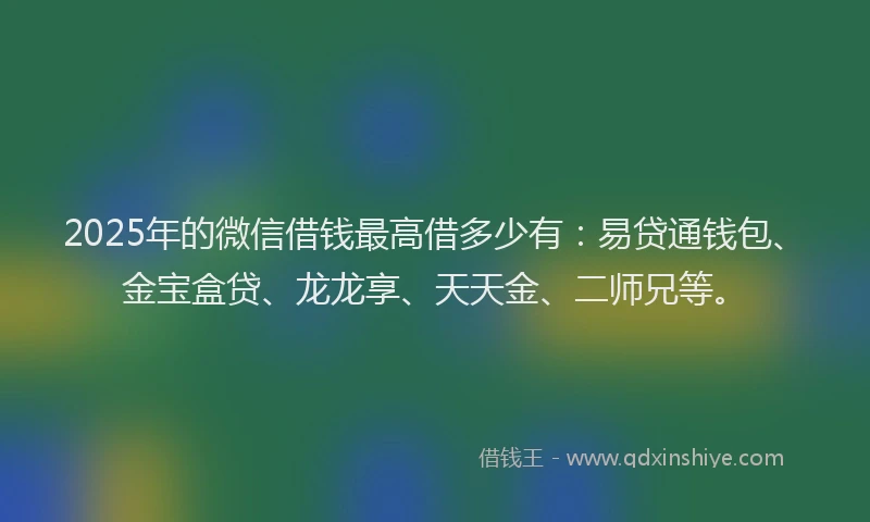 2025年的微信借钱最高借多少有：易贷通钱包、金宝盒贷、龙龙享、天天金、二师兄等。