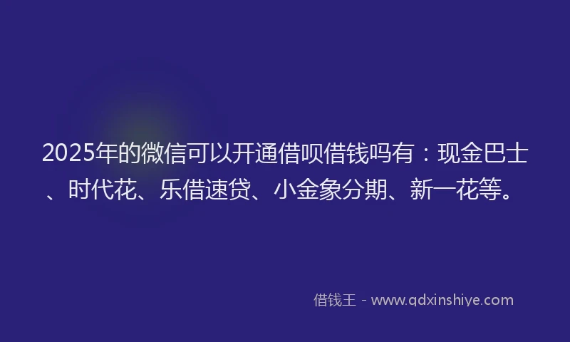 2025年的微信可以开通借呗借钱吗有：现金巴士、时代花、乐借速贷、小金象分期、新一花等。