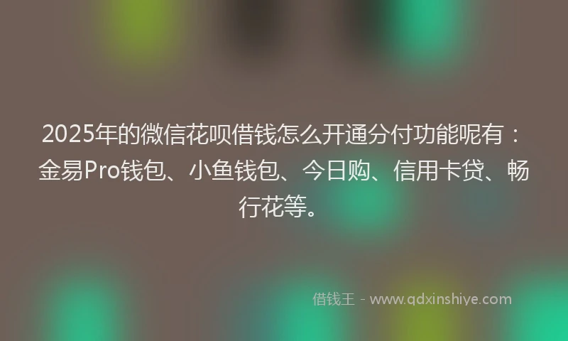 2025年的微信花呗借钱怎么开通分付功能呢有：金易Pro钱包、小鱼钱包、今日购、信用卡贷、畅行花等。
