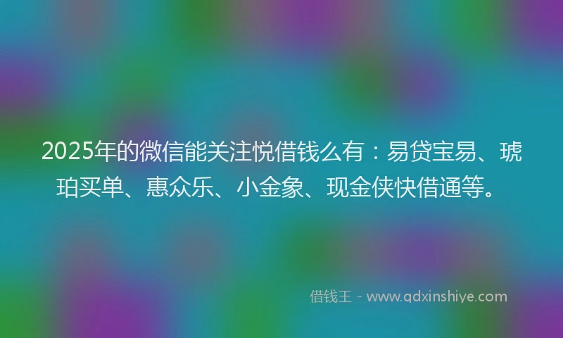 2025年的微信能关注悦借钱么有：易贷宝易、琥珀买单、惠众乐、小金象、现金侠快借通等。