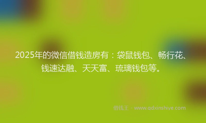 2025年的微信借钱造房有：袋鼠钱包、畅行花、钱速达融、天天富、琉璃钱包等。