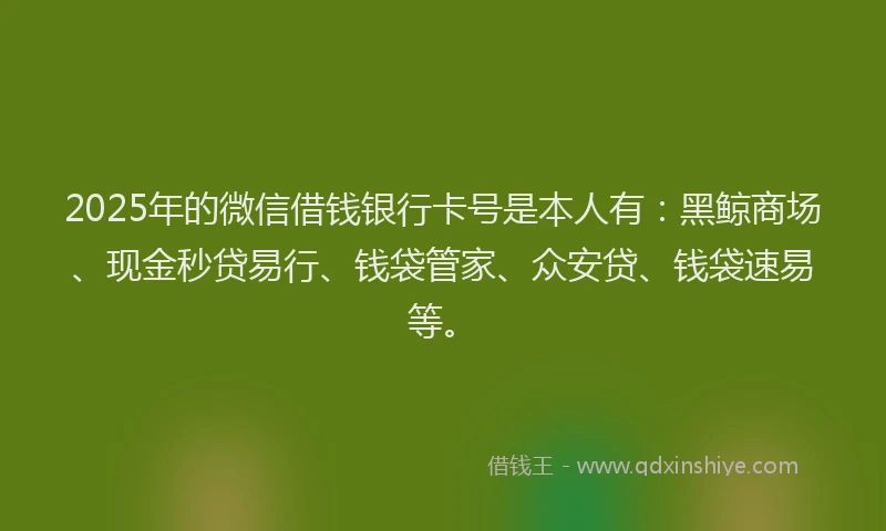2025年的微信借钱银行卡号是本人有：黑鲸商场、现金秒贷易行、钱袋管家、众安贷、钱袋速易等。