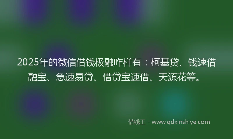 2025年的微信借钱极融咋样有：柯基贷、钱速借融宝、急速易贷、借贷宝速借、天源花等。