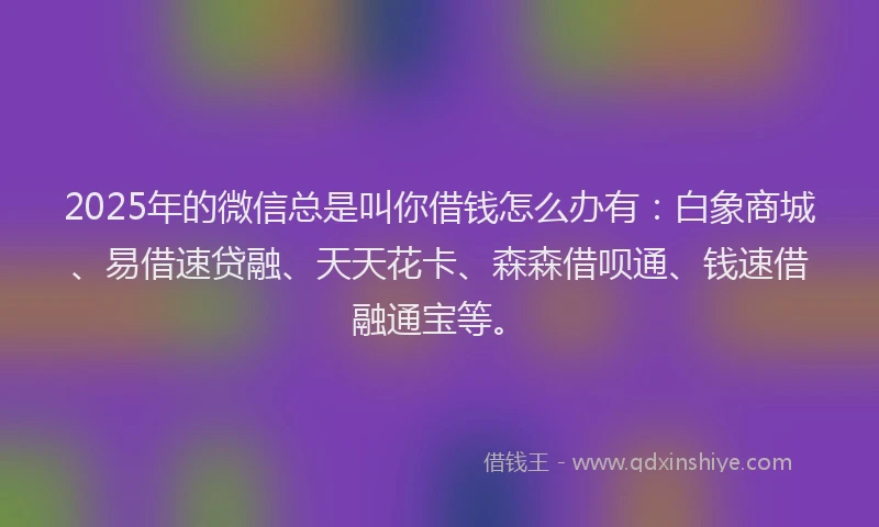 2025年的微信总是叫你借钱怎么办有：白象商城、易借速贷融、天天花卡、森森借呗通、钱速借融通宝等。