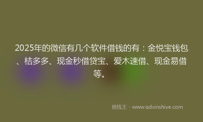 2025年的微信有几个软件借钱的有：金悦宝钱包、桔多多、现金秒借贷宝、爱木速借、现金易借等。
