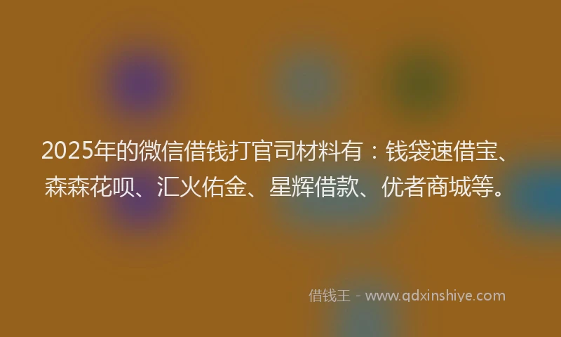 2025年的微信借钱打官司材料有：钱袋速借宝、森森花呗、汇火佑金、星辉借款、优者商城等。